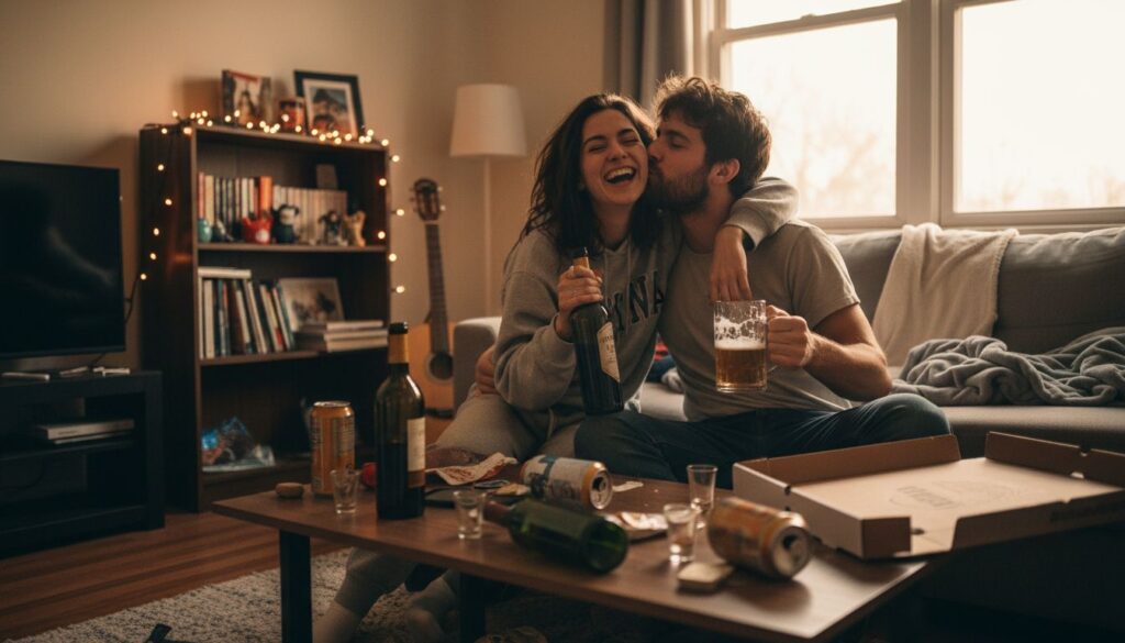 Beim ersten Date hemmungslos besaufen - Liebespaar mit Flasche Wein sitzt am Sofa und küsst sich